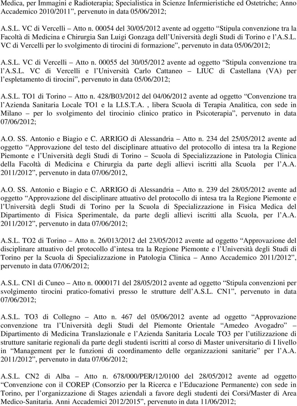 S.L. VC di Vercelli Atto n. 00055 del 30/05/2012 avente ad oggetto Stipula convenzione tra l A.S.L. VC di Vercelli e l Università Carlo Cattaneo LIUC di Castellana (VA) per l espletamento di tirocini, pervenuto in data 05/06/2012; A.