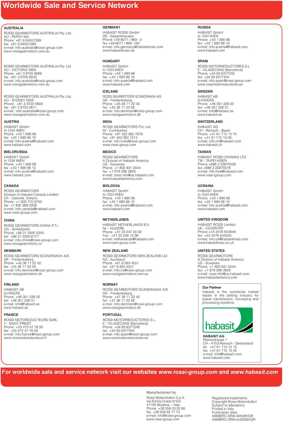 com www.habasitrossi.de RUSSIA HABASIT GmbH A-1234 WIEN Phone +43 1 690 66 fax +43 1 690 66 10 e-mail: info.austria@habasit.com www.habasit.com ROSSI GEARMOTORS AUSTRALIA Pty.