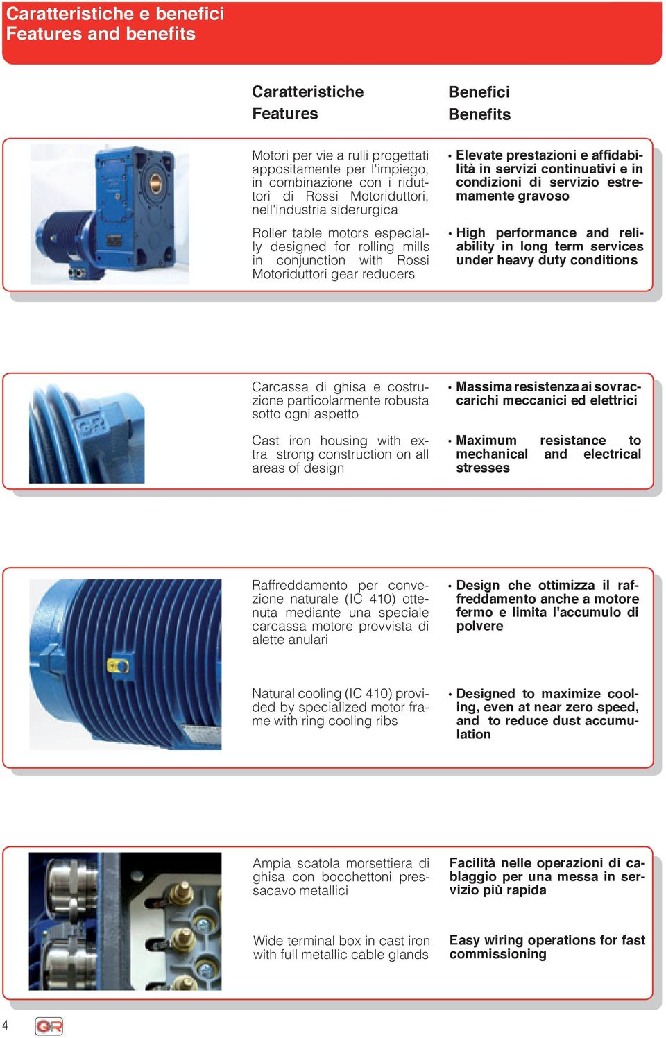 continuativi e in condizioni di servizio estremamente gravoso High performance and reliability in long term services under heavy duty conditions Carcassa di ghisa e costruzione particolarmente