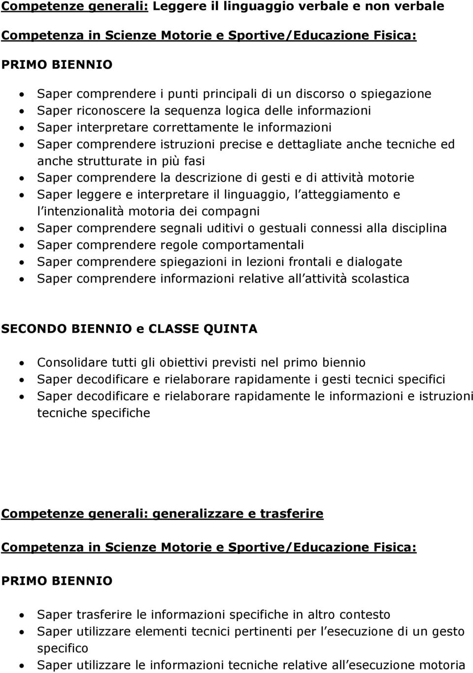 motorie Saper leggere e interpretare il linguaggio, l atteggiamento e l intenzionalità motoria dei compagni Saper comprendere segnali uditivi o gestuali connessi alla disciplina Saper comprendere