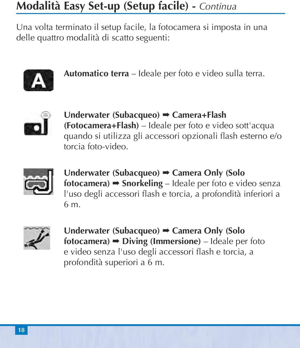 Underwater (Subacqueo) Camera+Flash (Fotocamera+Flash) Ideale per foto e video sott'acqua quando si utilizza gli accessori opzionali flash esterno e/o torcia foto-video.