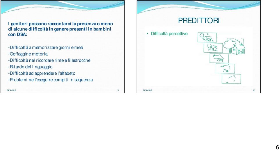 -Difficoltà nel ricordare rime e filastrocche -Ritardo del linguaggio -Difficoltà ad