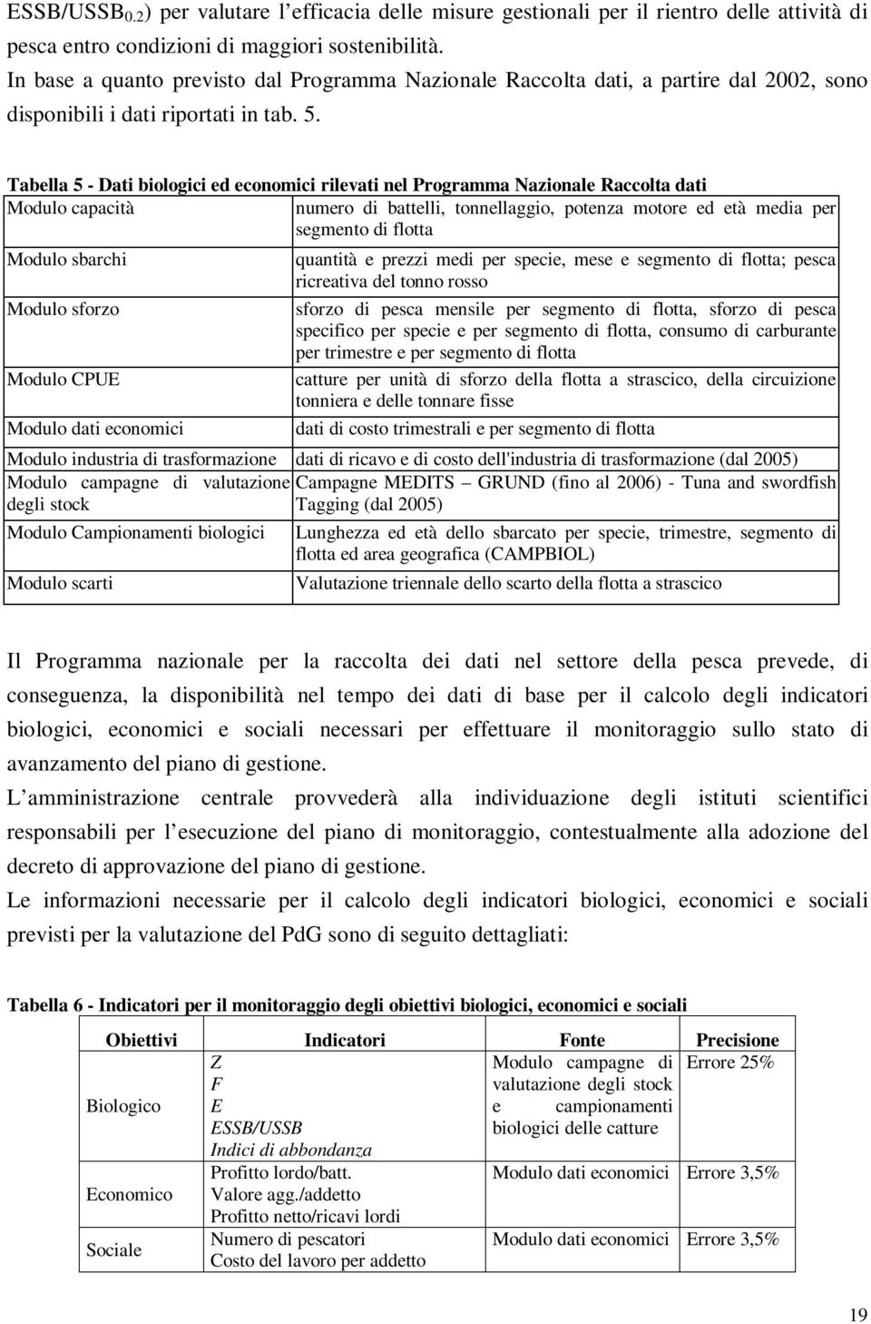 Tabella 5 - Dati biologici ed economici rilevati nel Programma Nazionale Raccolta dati Modulo capacità numero di battelli, tonnellaggio, potenza motore ed età media per segmento di flotta Modulo