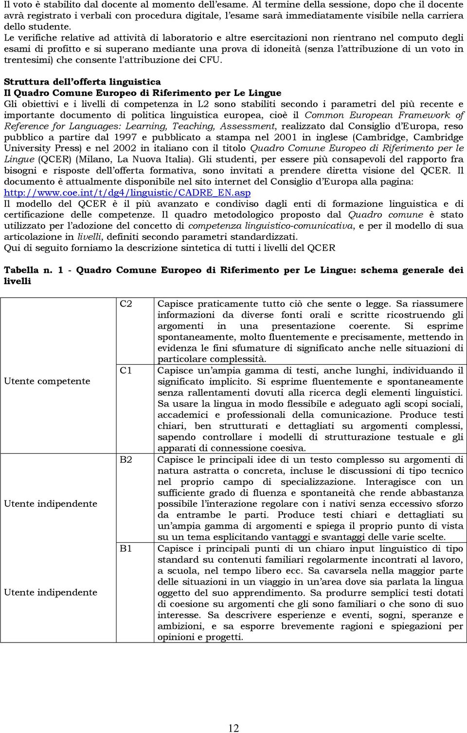 Le verifiche relative ad attività di laboratorio e altre esercitazioni non rientrano nel computo degli esami di profitto e si superano mediante una prova di idoneità (senza l attribuzione di un voto