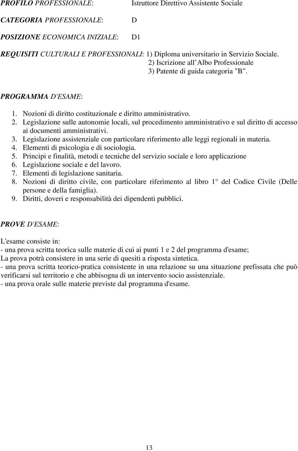 Legislazione assistenziale con particolare riferimento alle leggi regionali in materia. 4. Elementi di psicologia e di sociologia. 5.