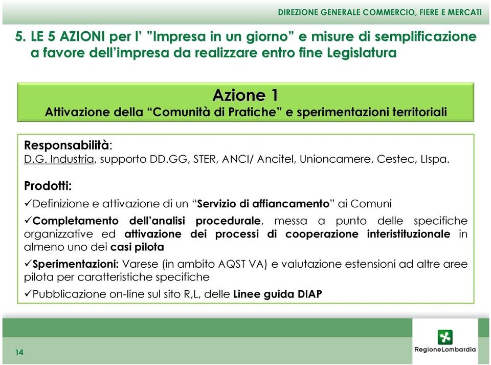 Prodotti: Definizione e attivazione di un Servizio di affiancamento ai Comuni Completamento dell analisi procedurale, messa a punto delle specifiche organizzative ed attivazione dei