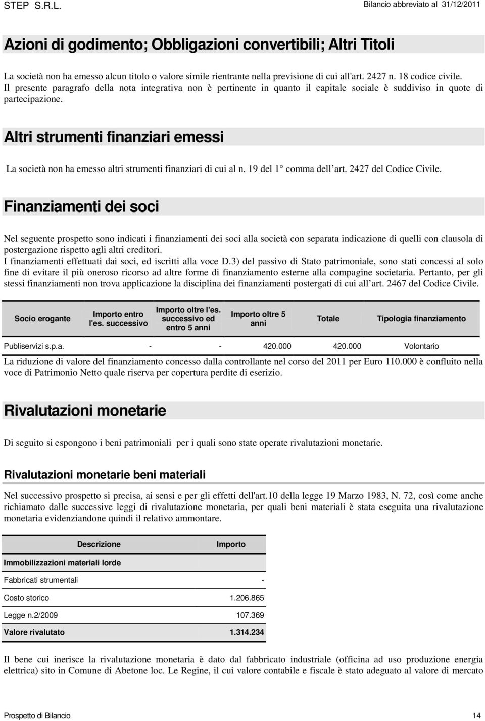 Altri strumenti finanziari emessi La società non ha emesso altri strumenti finanziari di cui al n. 19 del 1 comma dell art. 2427 del Codice Civile.