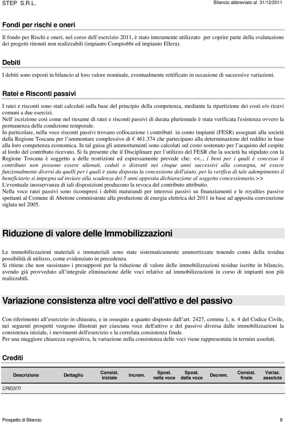 Ratei e Risconti passivi I ratei e risconti sono stati calcolati sulla base del principio della competenza, mediante la ripartizione dei costi e/o ricavi comuni a due esercizi.