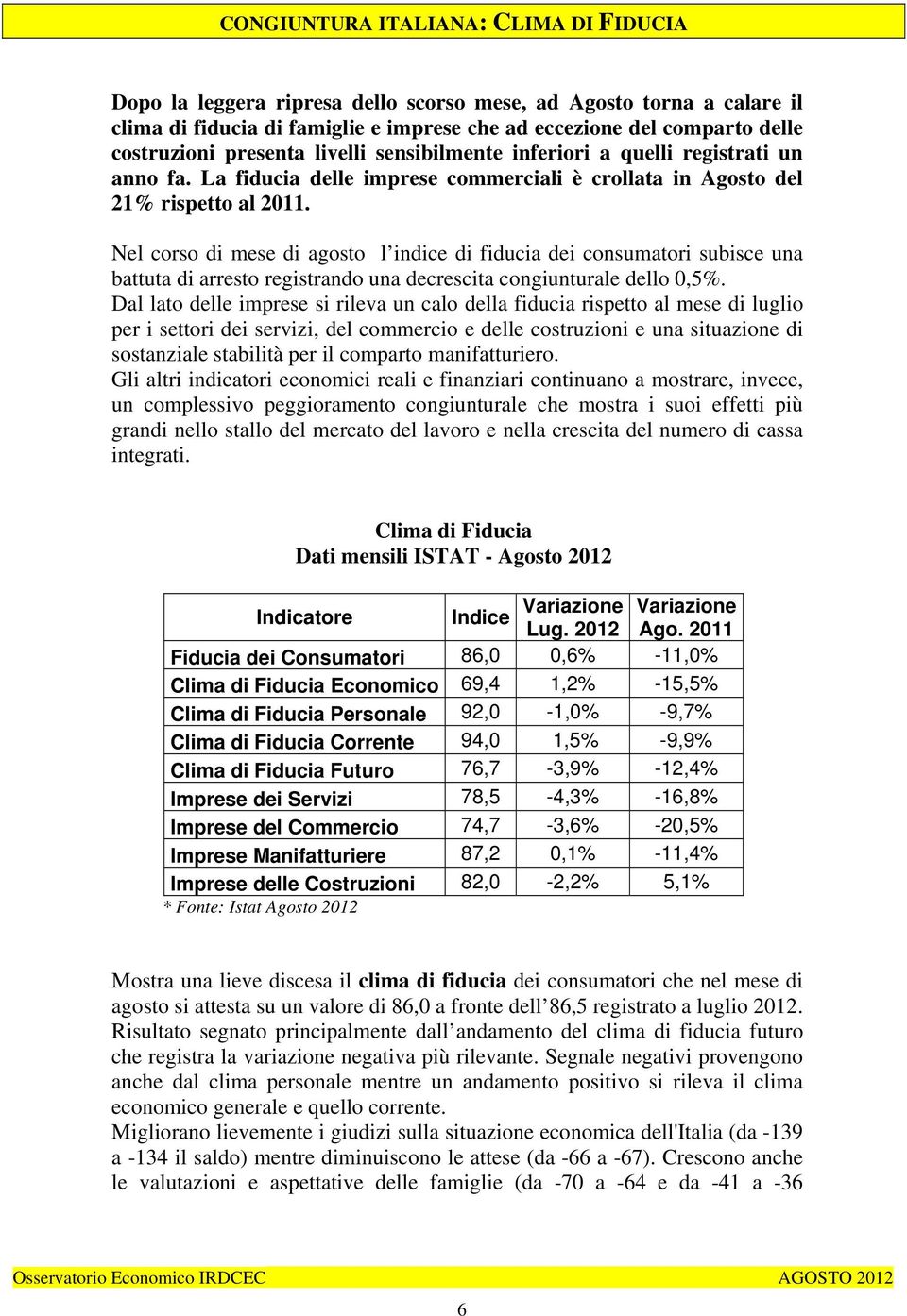 Nel corso di mese di agosto l indice di fiducia dei consumatori subisce una battuta di arresto registrando una decrescita congiunturale dello 0,5%.