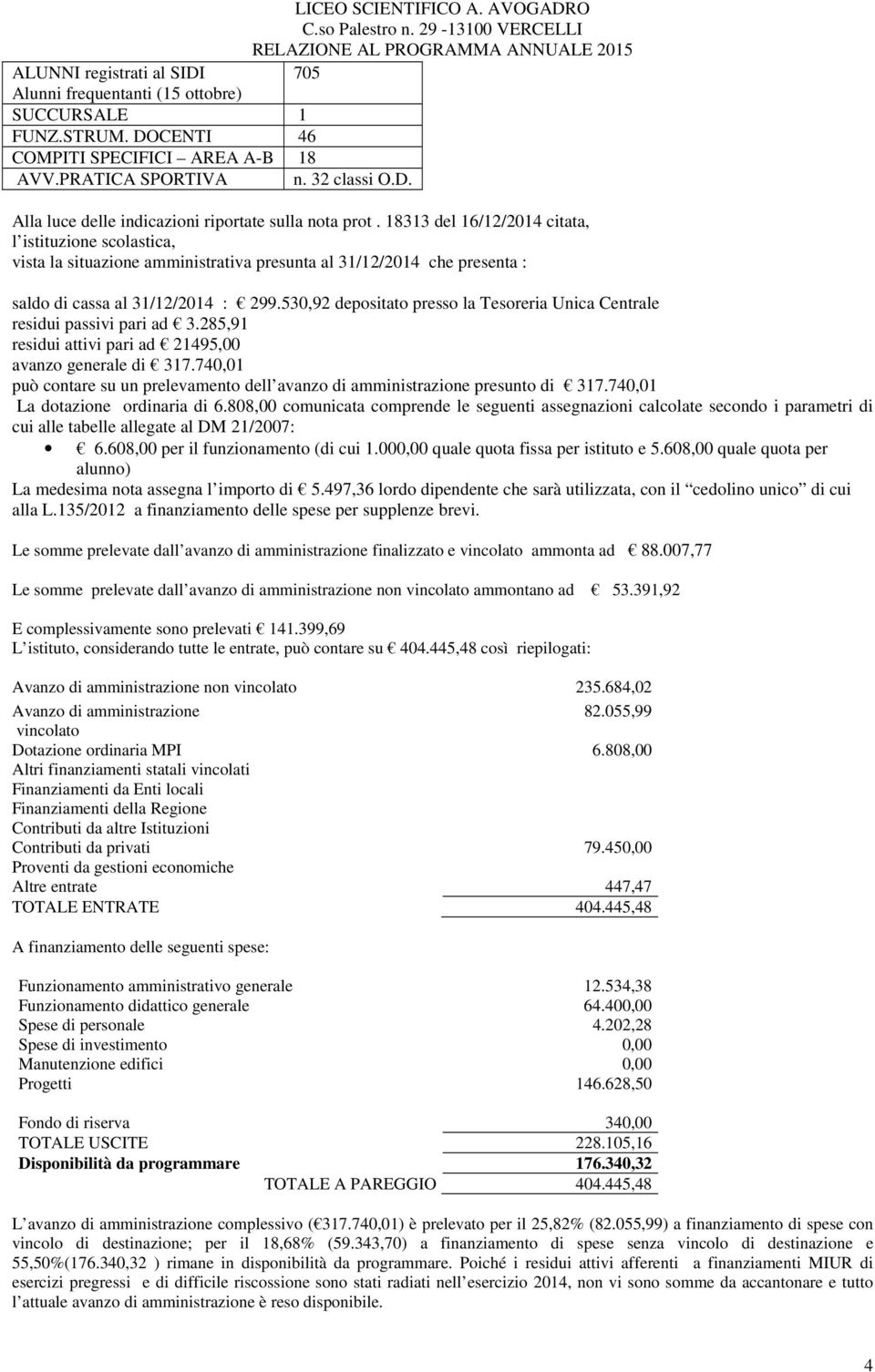 18313 del 16/12/2014 citata, l istituzione scolastica, vista la situazione amministrativa presunta al 31/12/2014 che presenta : saldo di cassa al 31/12/2014 : 299.