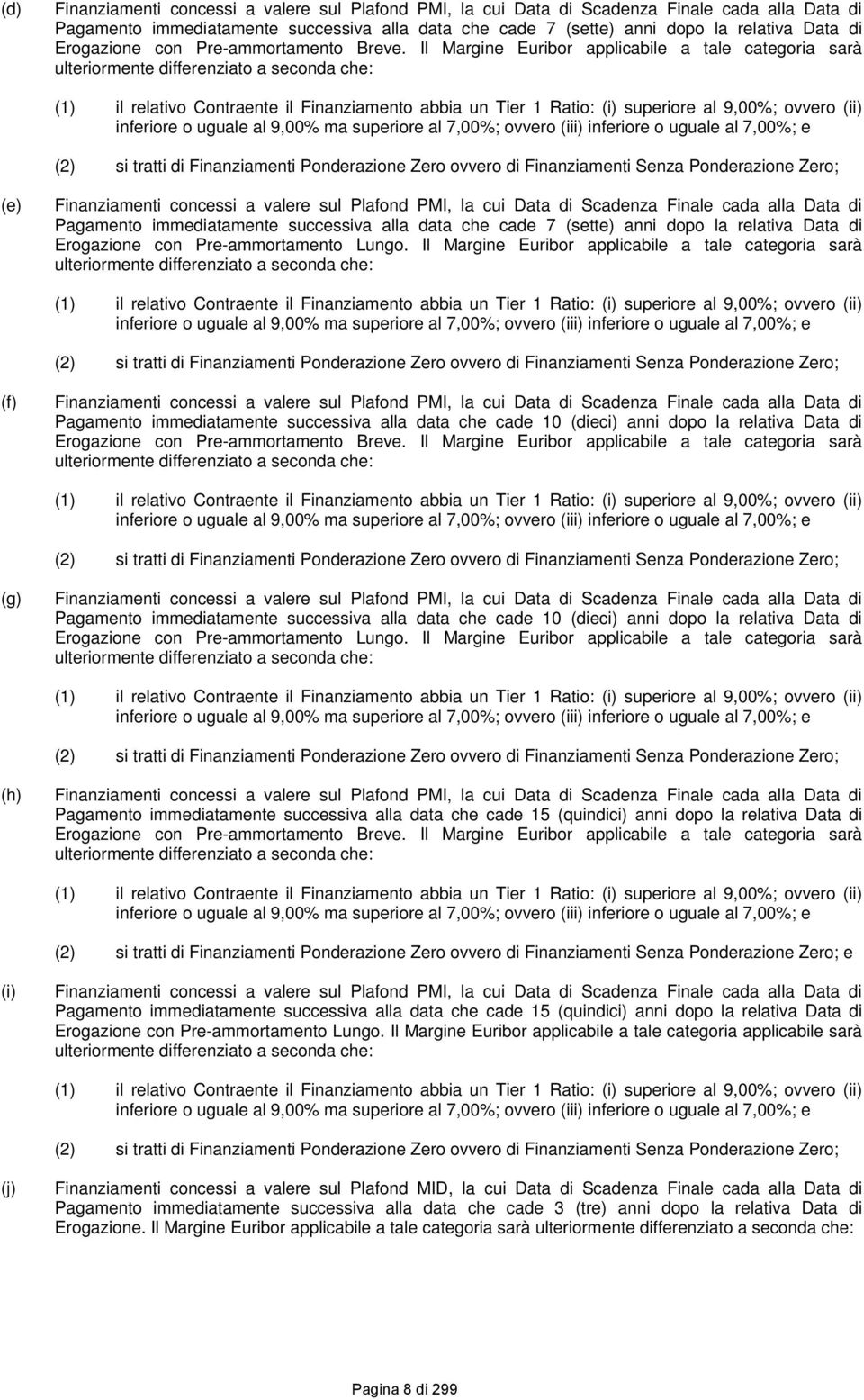 Il Margine Euribor applicabile a tale categoria sarà ulteriormente differenziato a seconda che: (1) il relativo Contraente il Finanziamento abbia un Tier 1 Ratio: (i) superiore al 9,00%; ovvero (ii)