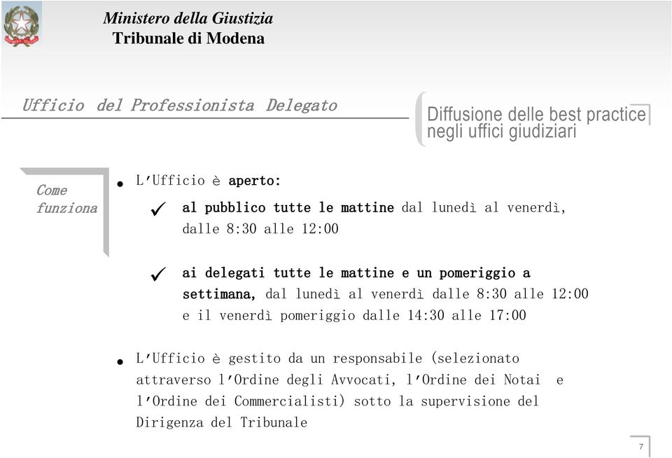 dalle 8:30 alle 12:00 ai delegati tutte le mattine e un pomeriggio a settimana, dal lunedì al venerdì dalle 8:30 alle 12:00 e