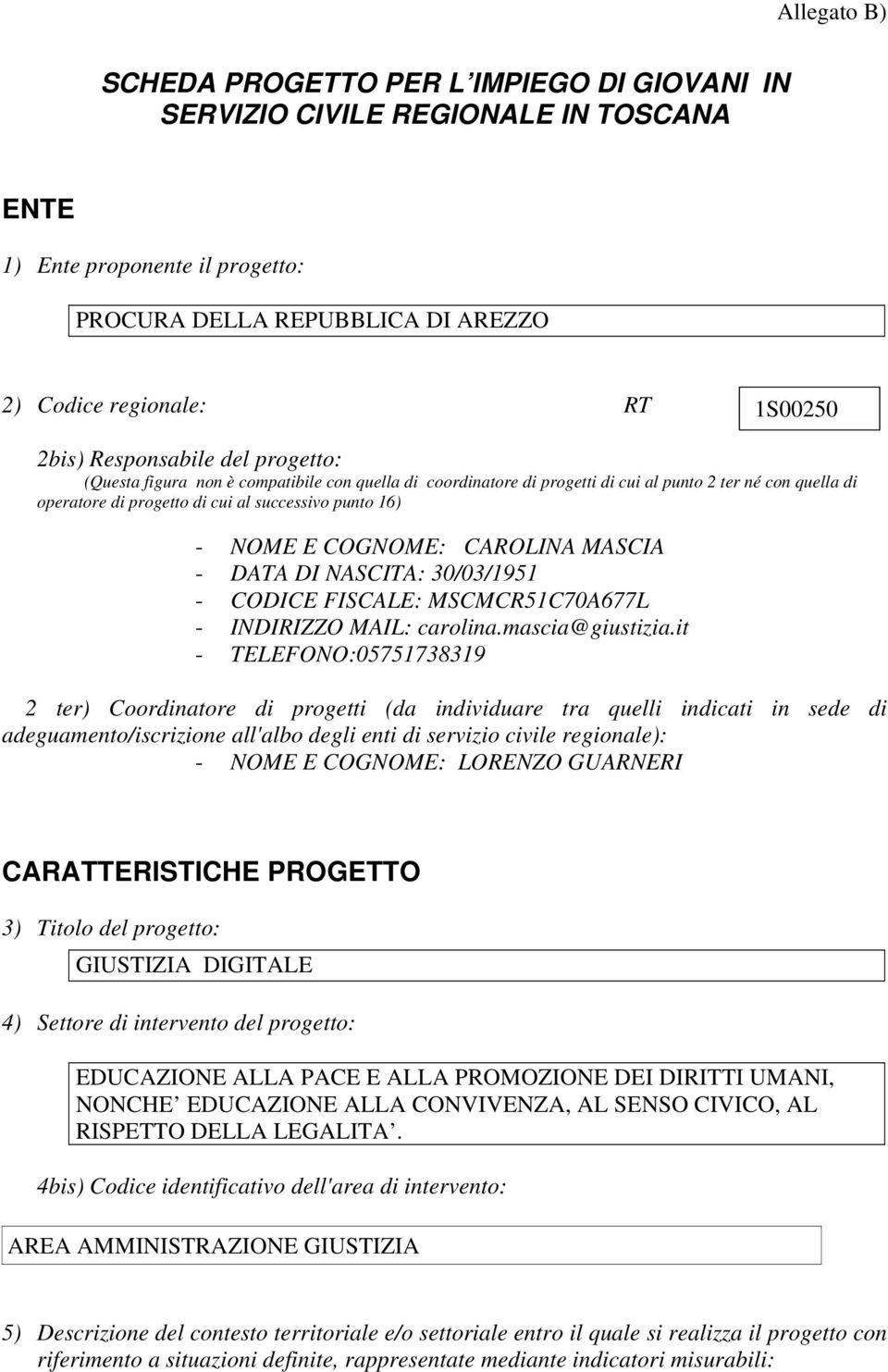 NOME E COGNOME: CAROLINA MASCIA - DATA DI NASCITA: 30/03/1951 - CODICE FISCALE: MSCMCR51C70A677L - INDIRIZZO MAIL: carolina.mascia@giustizia.