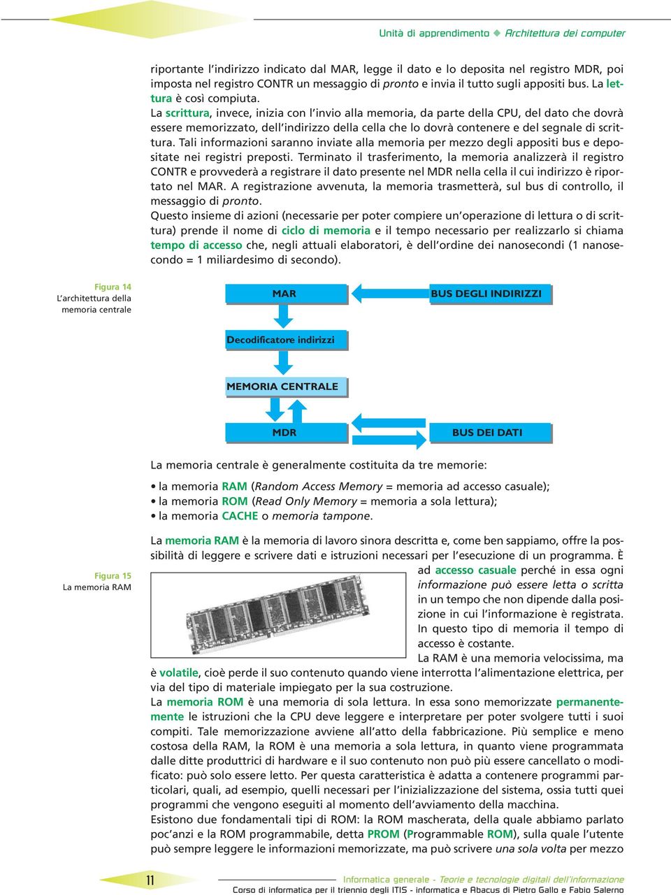 La scrittura, invece, inizia con l invio alla memoria, da parte della CPU, del dato che dovrà essere memorizzato, dell indirizzo della cella che lo dovrà contenere e del segnale di scrittura.