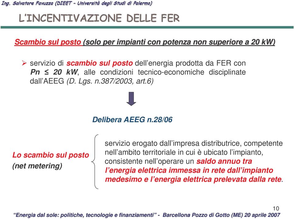 Pn 20 kw, alle condizioni tecnico-economiche disciplinate dall AEEG (D. Lgs. n.387/2003, art.6) Delibera AEEG n.