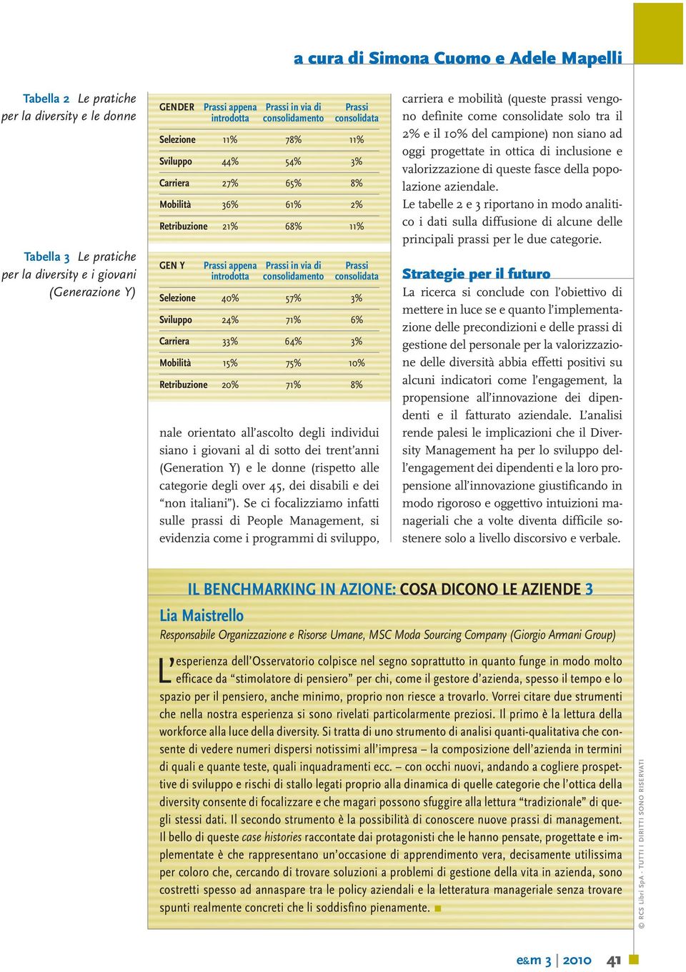 introdotta consolidamento consolidata Selezione 40% 57% 3% Sviluppo 24% 71% 6% Carriera 33% 64% 3% Mobilità 15% 75% 10% Retribuzione 20% 71% 8% nale orientato all ascolto degli individui siano i