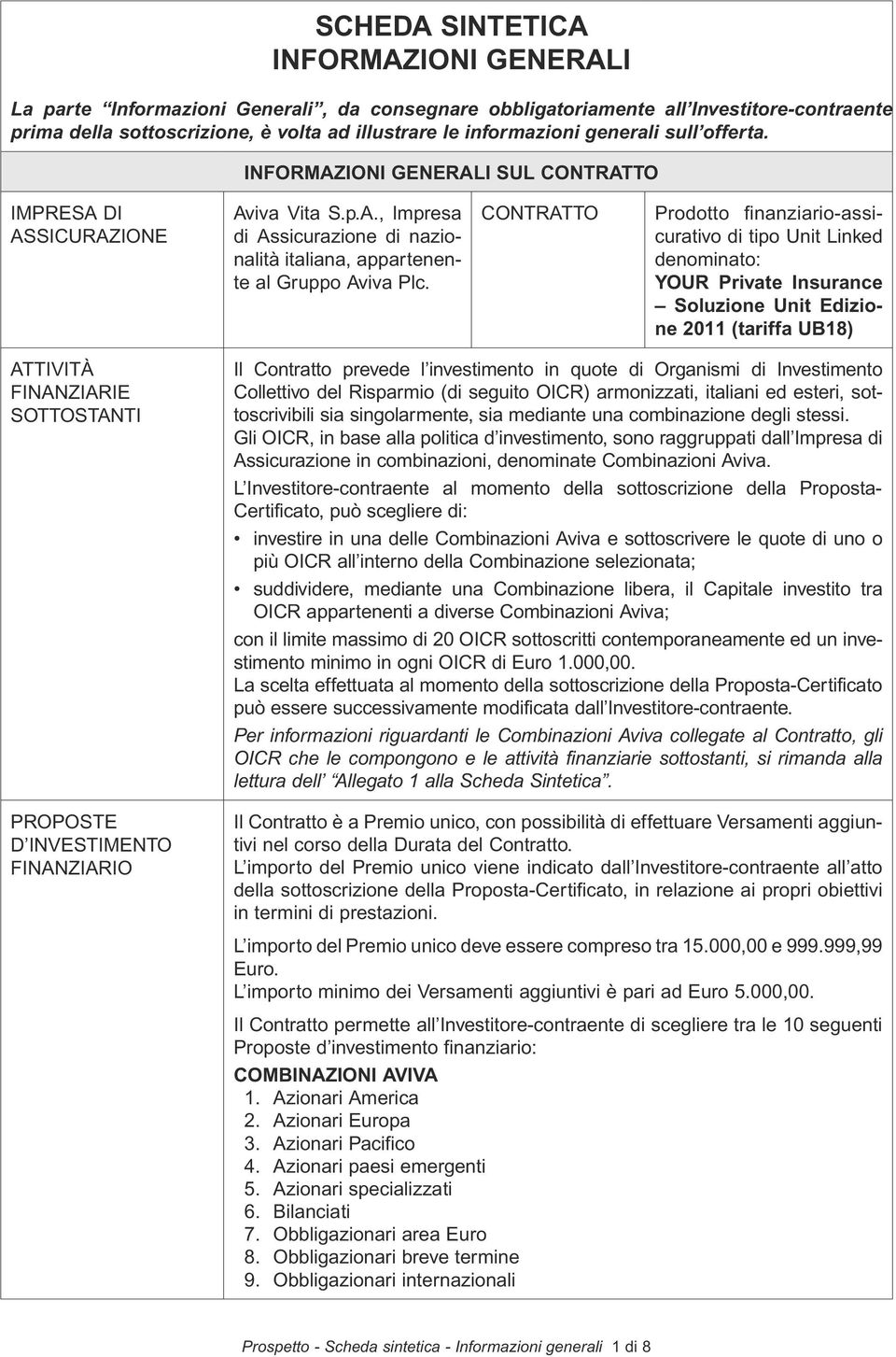 CONTRATTO Prodotto finanziario-assicurativo di tipo Unit Linked denominato: YOUR Private Insurance Soluzione Unit Edizione 2011 (tariffa UB18) ATTIVITÀ FINANZIARIE SOTTOSTANTI PROPOSTE D INVESTIMENTO