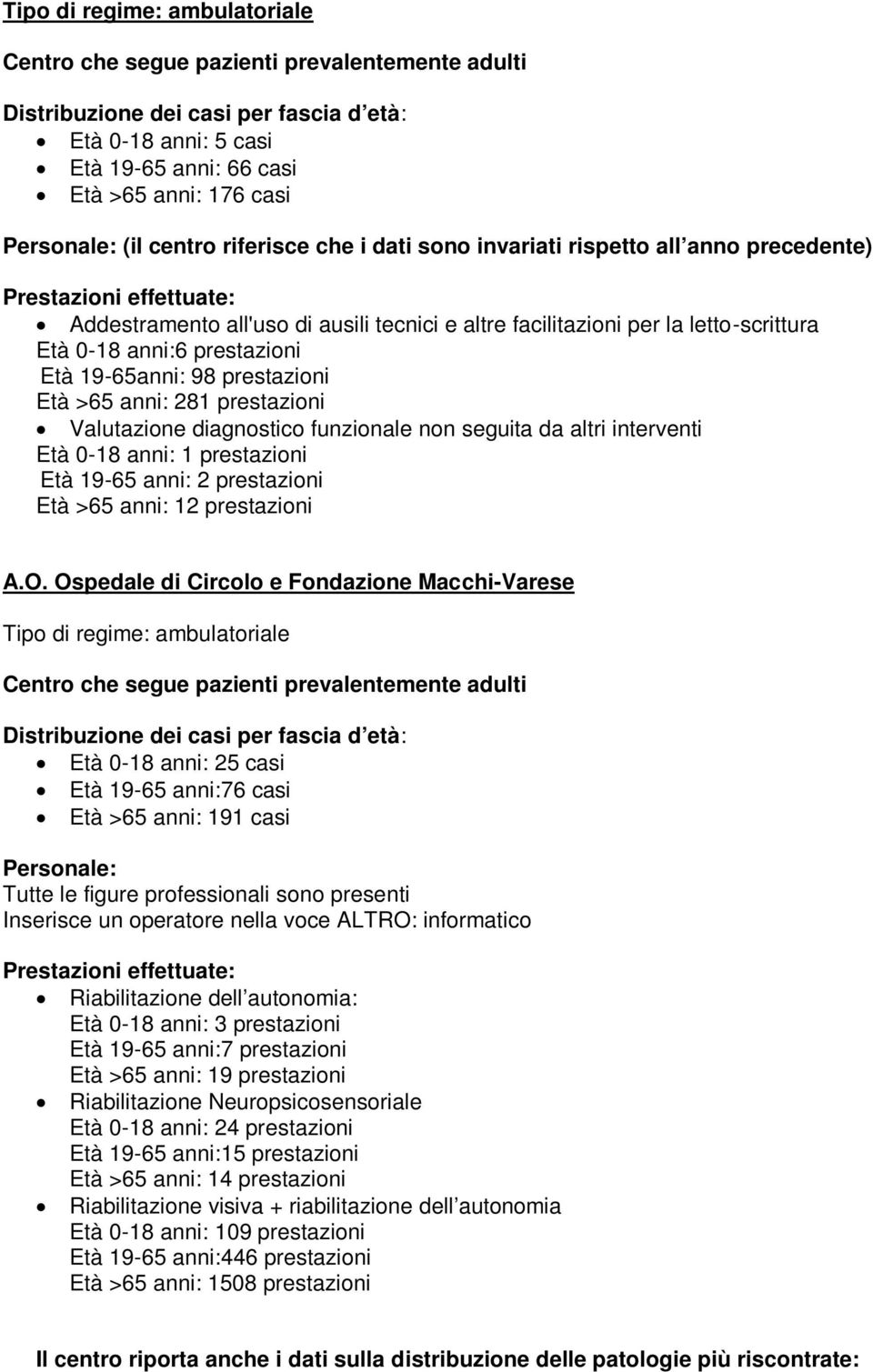 anni:6 prestazioni Età 19-65anni: 98 prestazioni Età >65 anni: 281 prestazioni Valutazione diagnostico funzionale non seguita da altri interventi Età 0-18 anni: 1 prestazioni Età 19-65 anni: 2