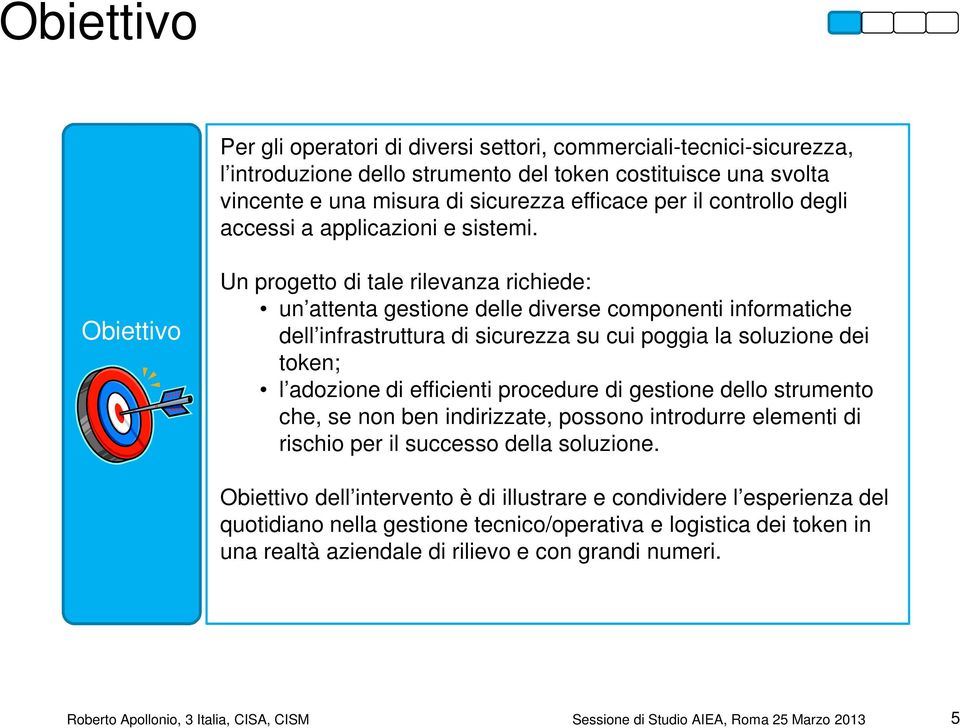 Obiettivo Un progetto di tale rilevanza richiede: un attenta gestione delle diverse componenti informatiche dell infrastruttura di sicurezza su cui poggia la soluzione dei Applicazione Procedura