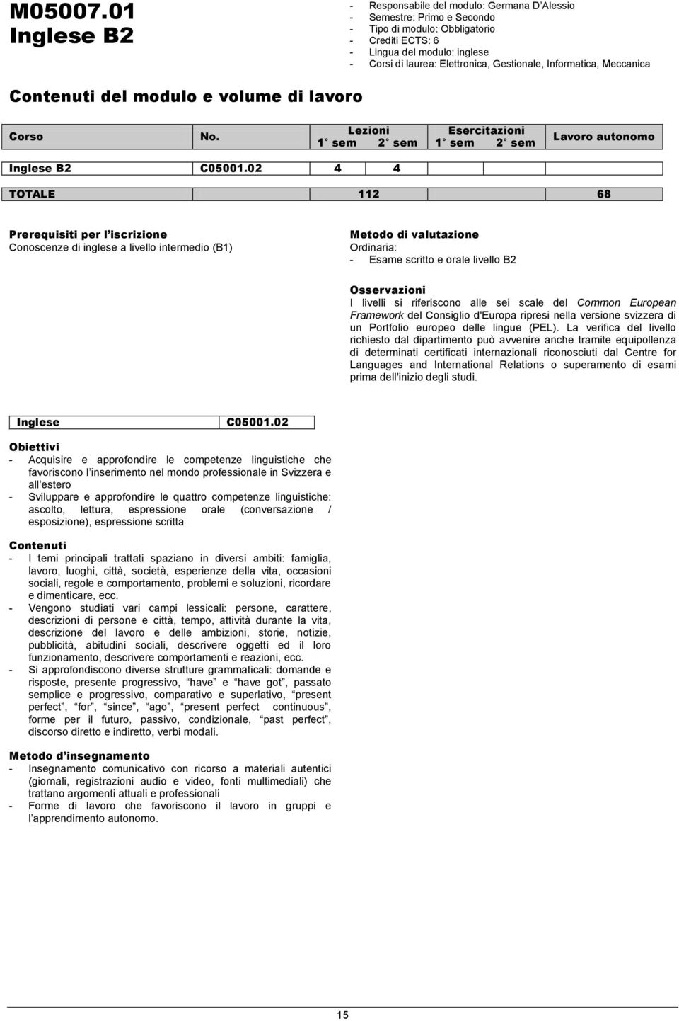 Gestionale, Informatica, Meccanica del modulo e volume di lavoro Corso No. Lezioni 1 sem 2 sem Esercitazioni 1 sem 2 sem Lavoro autonomo Inglese B2 C05001.