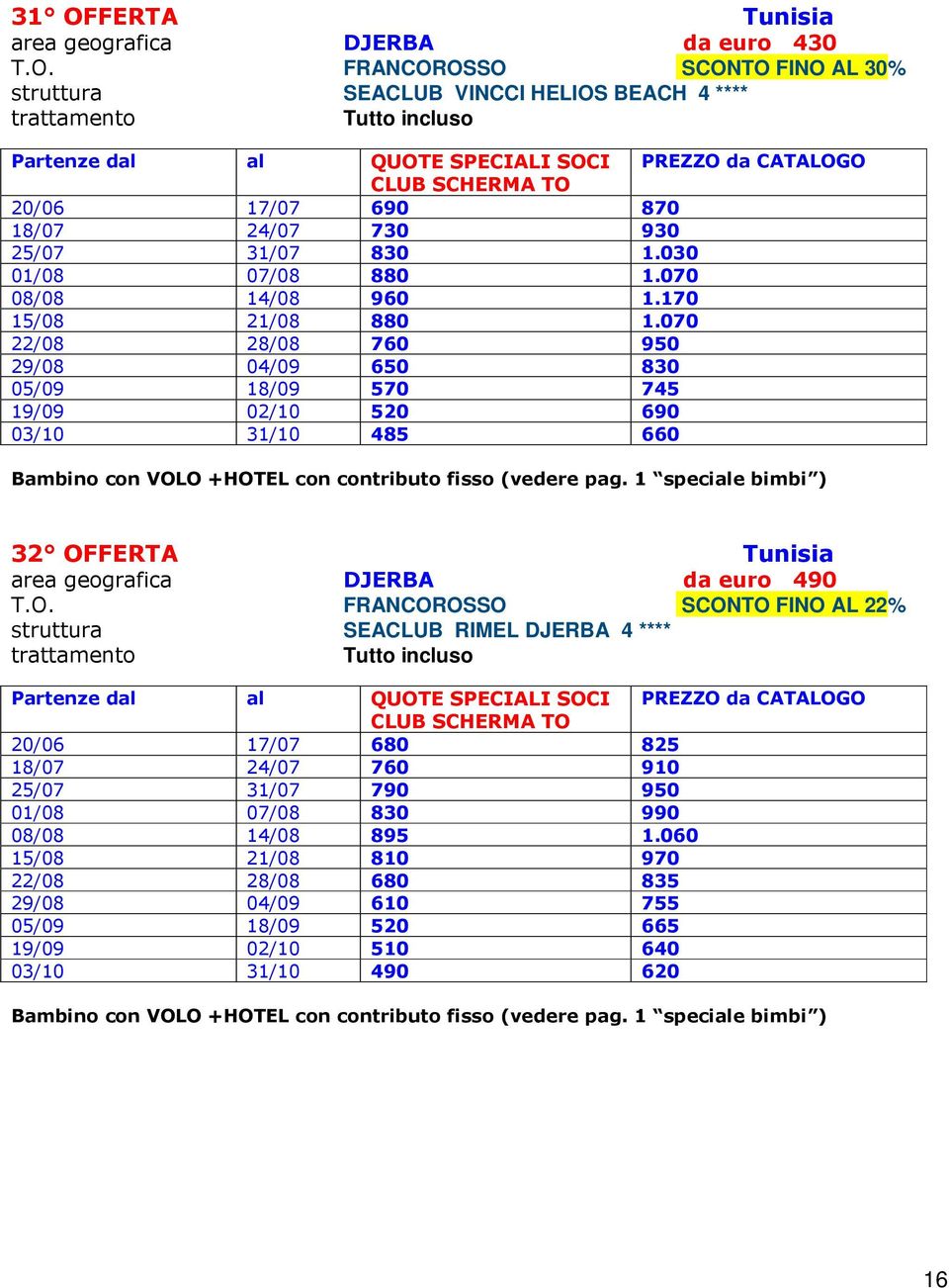 070 22/08 28/08 760 950 29/08 04/09 650 830 05/09 18/09 570 745 19/09 02/10 520 690 03/10 31/10 485 660 Bambino con VOLO +HOTEL con contributo fisso (vedere pag.