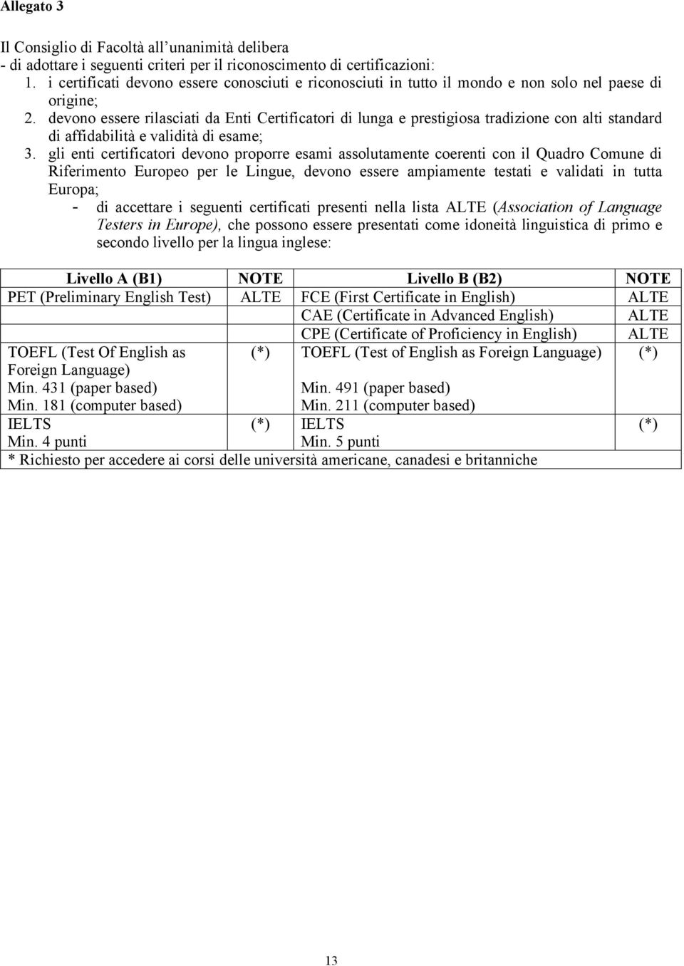 devono essere rilasciati da Enti Certificatori di lunga e prestigiosa tradizione con alti standard di affidabilità e validità di esame; 3.