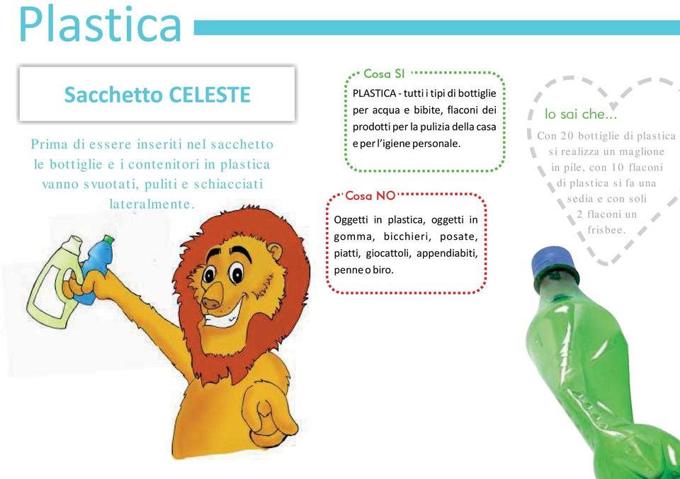 Cosa SI PLASTICA - tutti i tipi di bottiglie per acqua e bibite, flaconi dei prodotti per la pulizia della casa e per l igiene personale.