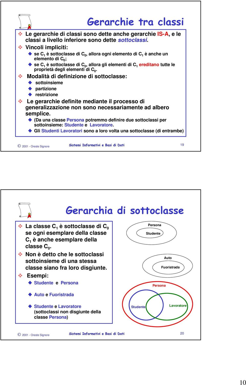 elementi di C 0. Modalità di definizione di sottoclasse: sottoinsieme partizione restrizione Le gerarchie definite mediante il processo di generalizzazione non sono necessariamente ad albero semplice.