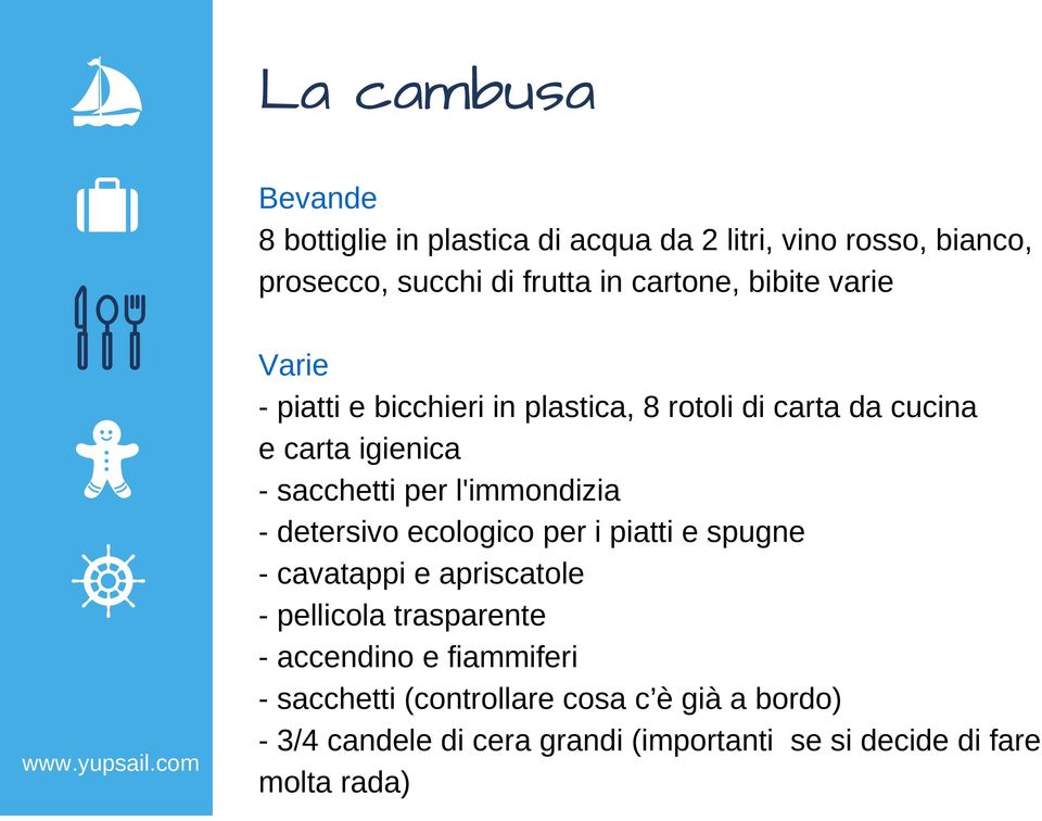 l'immondizia - detersivo ecologico per i piatti e spugne - cavatappi e apriscatole - pellicola trasparente - accendino e