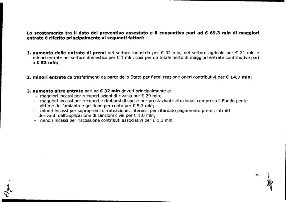 contributive pari a C 52 mln; 2. minori entrate da trasferimenti da parte dello Stato per fiscalizzazione oneri contributivi per C 14,7 mln; 3.