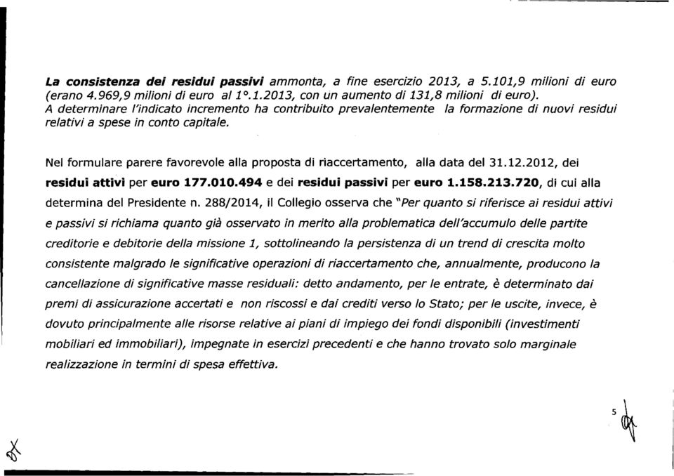 Nel formulare parere favorevole alla proposta di riaccertamento, alla data del 31.12.2012, dei residui attivi per euro 177.010.494 e dei residui passivi per euro 1.158.213.
