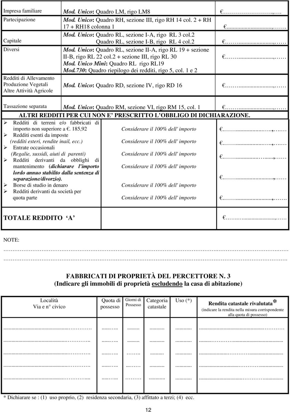 2 + sezione III, rigo RL 30., Mod. Unico Mini: Quadro RL rigo RL19 Mod.730: Quadro riepilogo dei redditi, rigo 5, col. 1 e 2 Redditi di Allevamento Produzione Vegetali Altre Attività Agricole Mod.