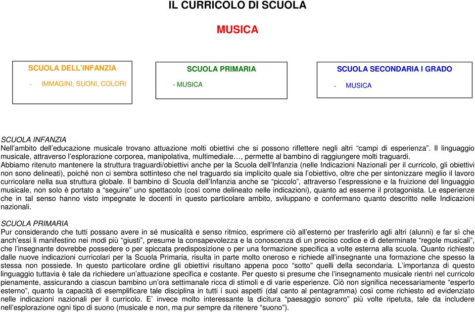 Il linguaggio musicale, attraverso l esplorazione corporea, manipolativa, multimediale, permette al bambino di raggiungere molti traguardi.