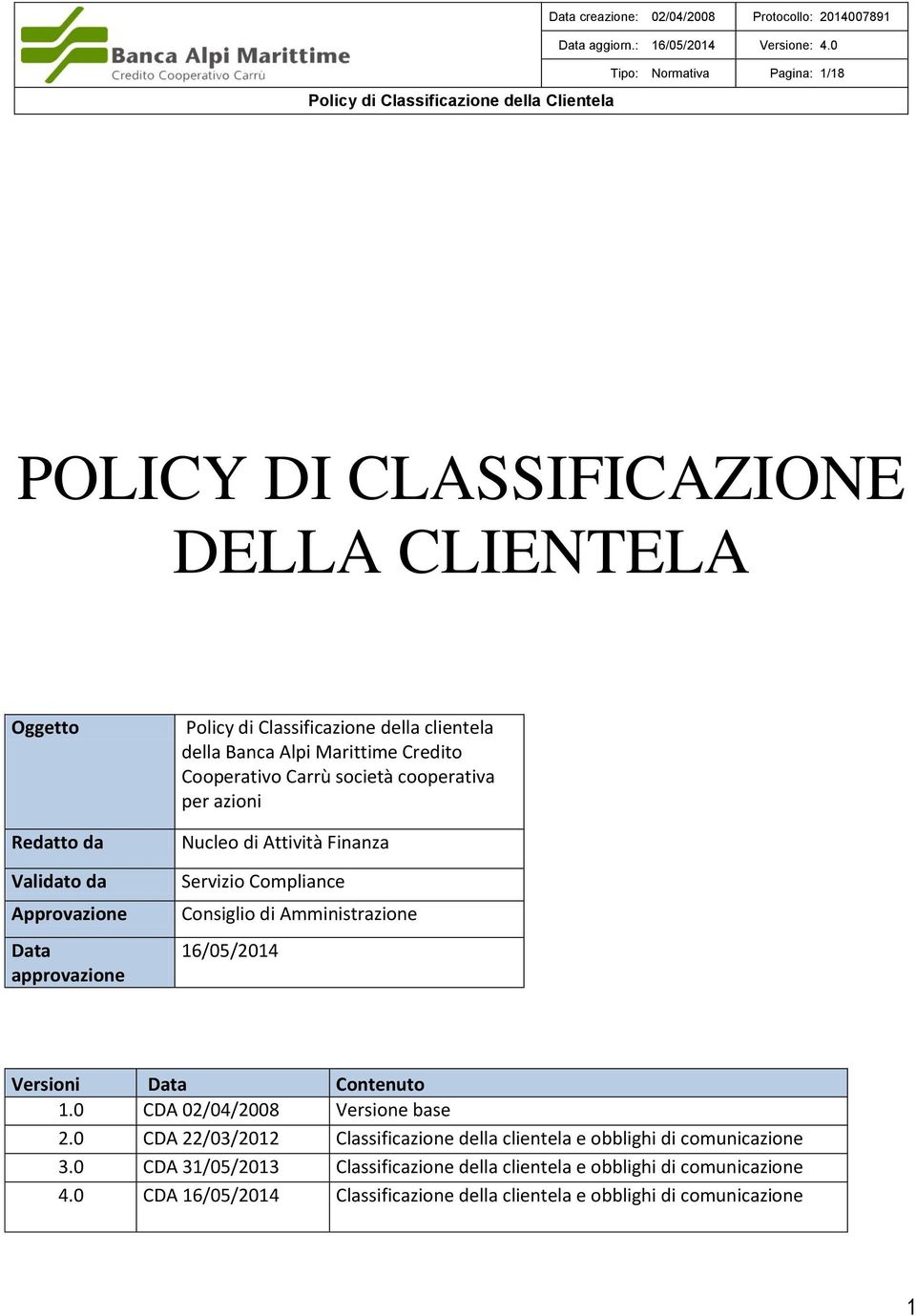 Amministrazione 16/05/2014 Versioni Data Contenuto 1.0 CDA 02/04/2008 Versione base 2.