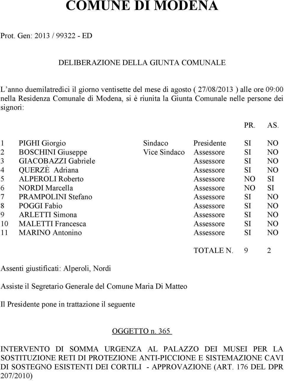 la Giunta Comunale nelle persone dei signori: PR. AS.