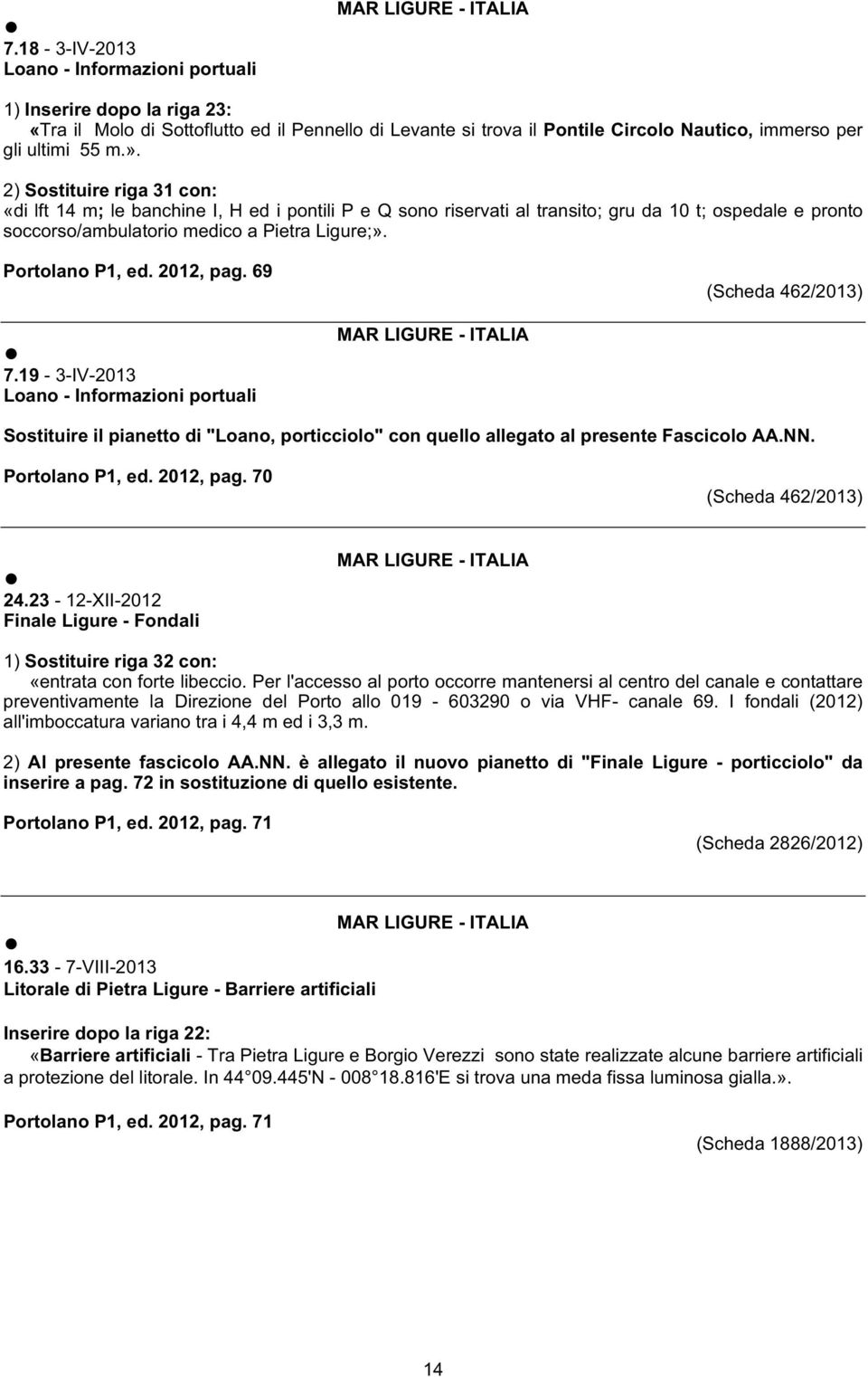 2012, pag. 69 (Scheda 462/2013) 7.19-3-IV-2013 Loano - Informazioni portuali Sostituire il pianetto di "Loano, porticciolo" con quello allegato al presente Fascicolo AA.NN. Portolano P1, ed.