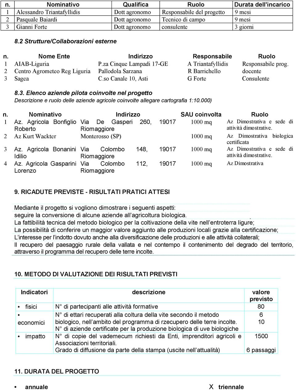 2 Centro Agrometeo Reg Liguria Pallodola Sarzana R Barrichello docente 3 Sagea C.so Canale 10, Asti G Forte Consulente 8.3. Elenco aziende pilota coinvolte nel progetto Descrizione e ruolo delle aziende agricole coinvolte allegare cartografia 1:10.