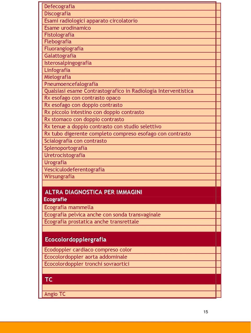 con doppio contrasto Rx tenue a doppio contrasto con studio selettivo Rx tubo digerente completo compreso esofago con contrasto Scialografia con contrasto Splenoportografia Uretrocistografia