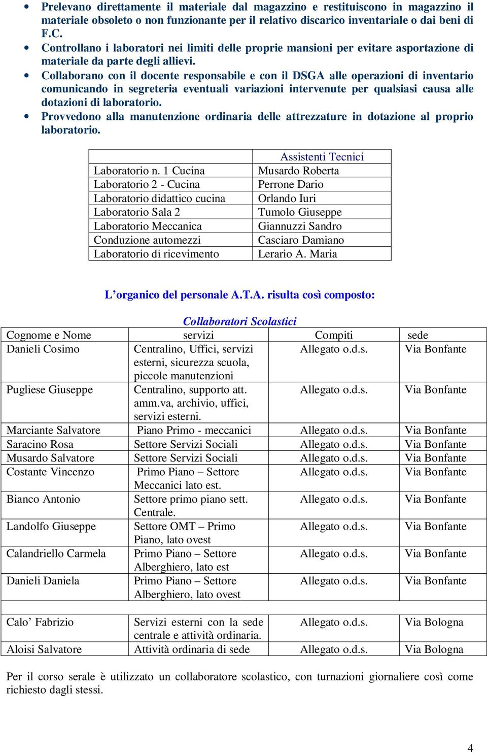 Collaborano con il docente responsabile e con il DSGA alle operazioni di inventario comunicando in segreteria eventuali variazioni intervenute per qualsiasi causa alle dotazioni di laboratorio.