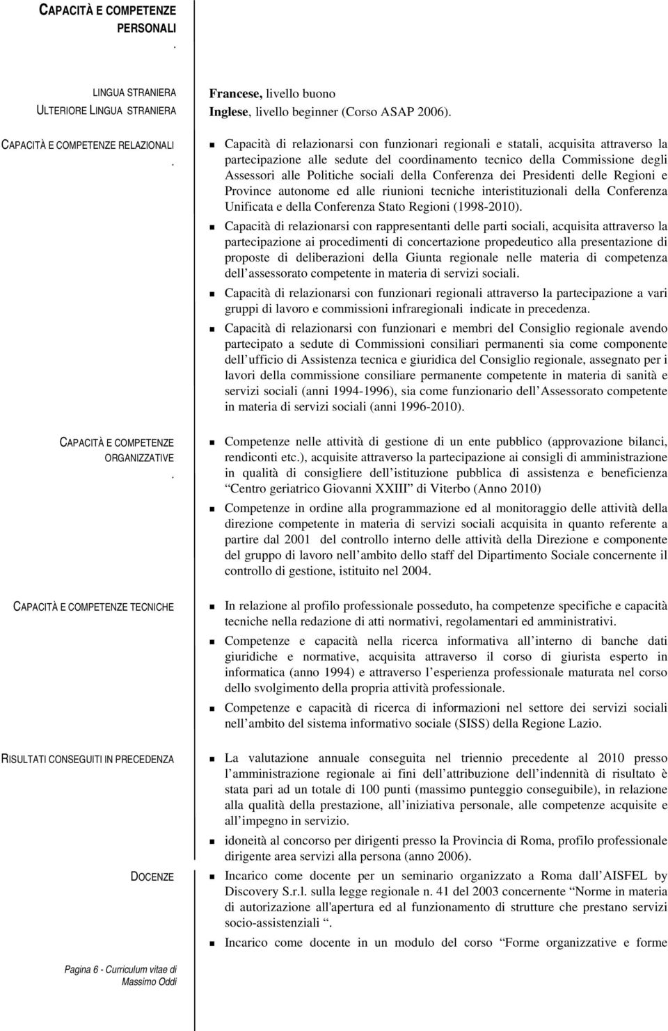 Capacità di relazionarsi con funzionari regionali e statali, acquisita attraverso la partecipazione alle sedute del coordinamento tecnico della Commissione degli Assessori alle Politiche sociali