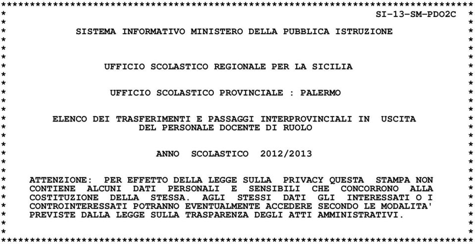 ATTENZIONE: PER EFFETTO DELLA LEGGE SULLA PRIVACY QUESTA STAMPA NON * * CONTIENE ALCUNI DATI PERSONALI E SENSIBILI CHE CONCORRONO ALLA * * COSTITUZIONE DELLA STESSA.