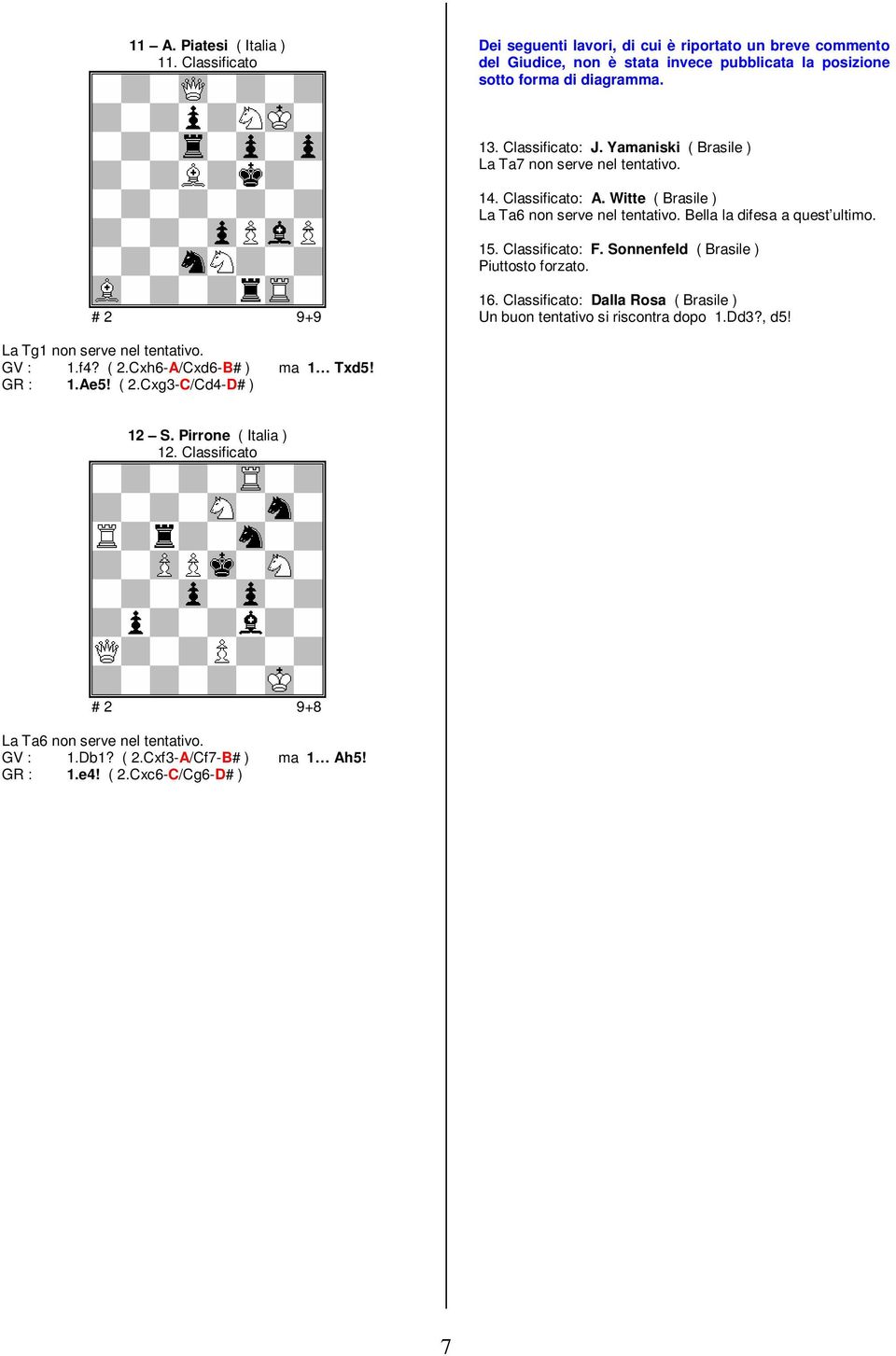 Sonnenfeld ( Brasile ) Piuttosto forzato. # 2 9+9 16. Classificato: Dalla Rosa ( Brasile ) Un buon tentativo si riscontra dopo 1.Dd3?, d5! La Tg1 non serve nel tentativo. GV : 1.f4? ( 2.