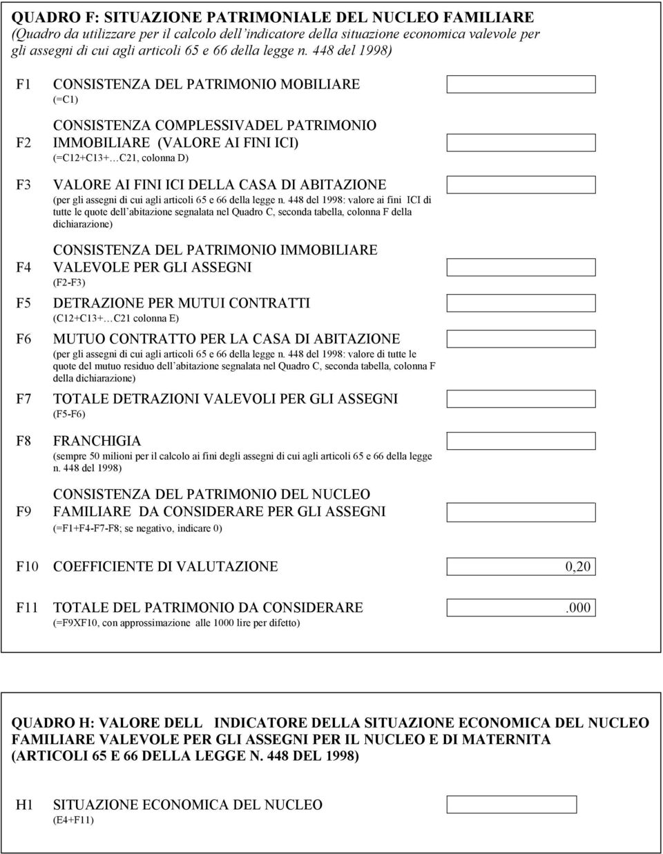 448 del 1998) F1 F2 F3 F4 F5 F6 F7 F8 F9 CONSISTENZA DEL PATRIMONIO MOBILIARE (=C1) CONSISTENZA COMPLESSIVADEL PATRIMONIO IMMOBILIARE (VALORE AI FINI ICI) (=C12+C13+ C21, colonna D) VALORE AI FINI