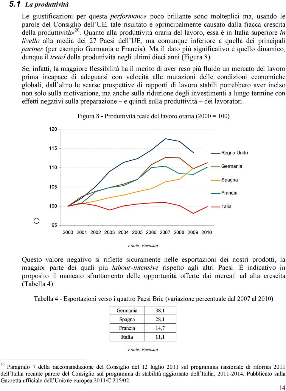 Quanto alla produttività oraria del lavoro, essa è in Italia superiore in livello alla media dei 27 Paesi dell UE, ma comunque inferiore a quella dei principali partner (per esempio Germania e