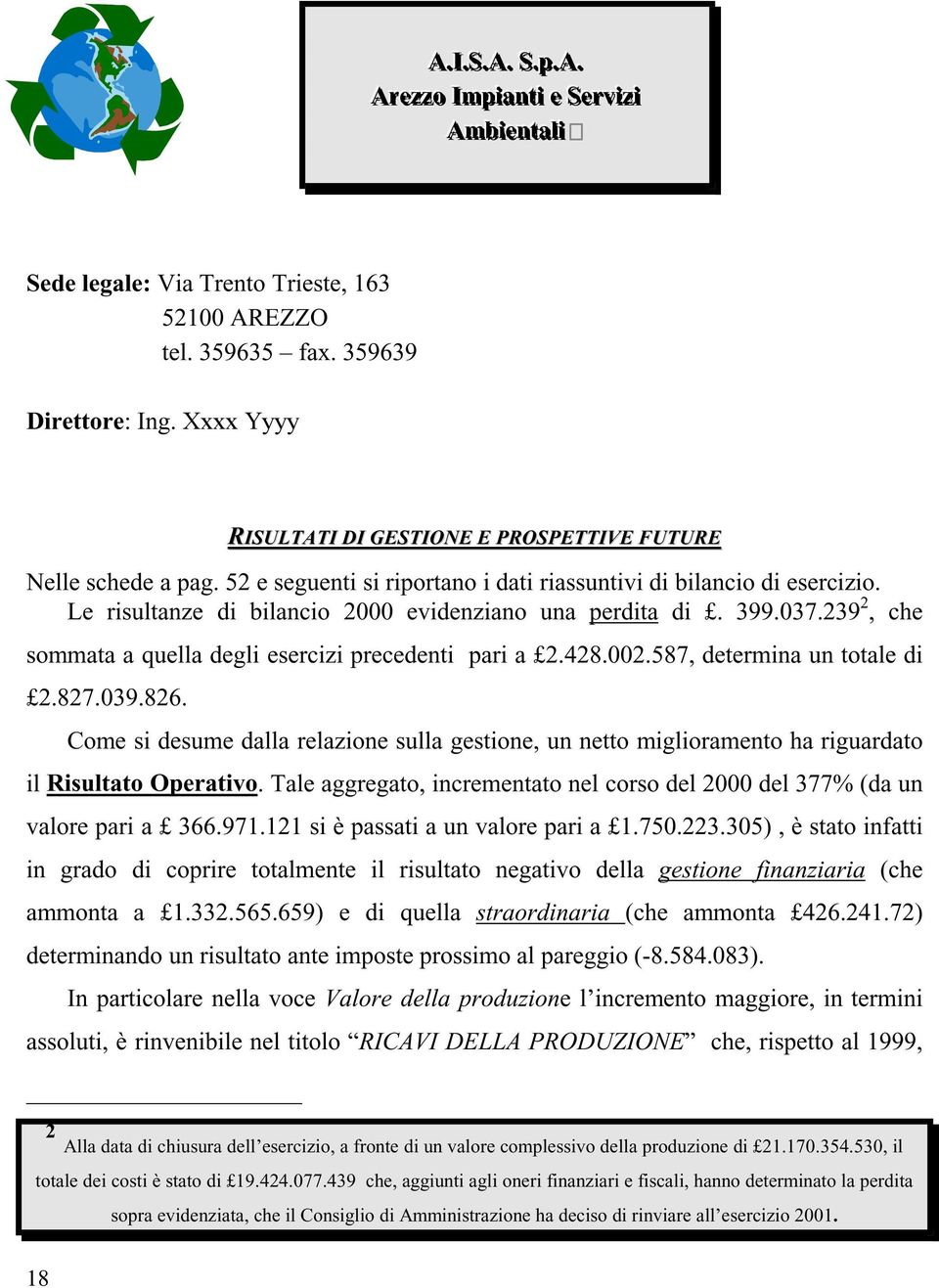 Le risultanze di bilancio 2000 evidenziano una perdita di. 399.037.239 2, che sommata a quella degli esercizi precedenti pari a 2.428.002.587, determina un totale di 2.827.039.826.