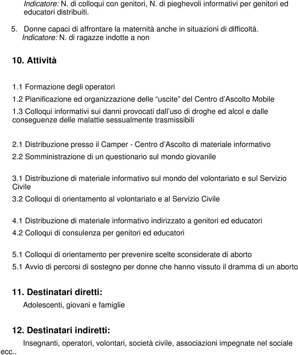 3 Cllqui infrmativi sui danni prvcati dall us di drghe ed alcl e dalle cnseguenze delle malattie sessualmente trasmissibili 2.1 Distribuzine press il Camper - Centr d Asclt di materiale infrmativ 2.