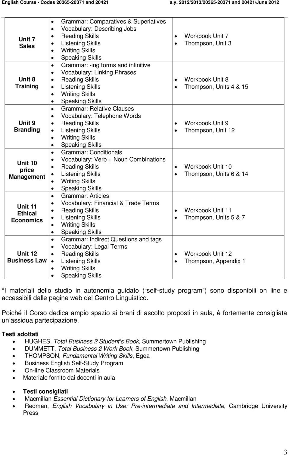 Financial & Trade Terms Grammar: Indirect Questions and tags Vocabulary: Legal Terms Workbook Unit 7 Thompson, Unit 3 Workbook Unit 8 Thompson, Units 4 & 15 Workbook Unit 9 Thompson, Unit 12 Workbook