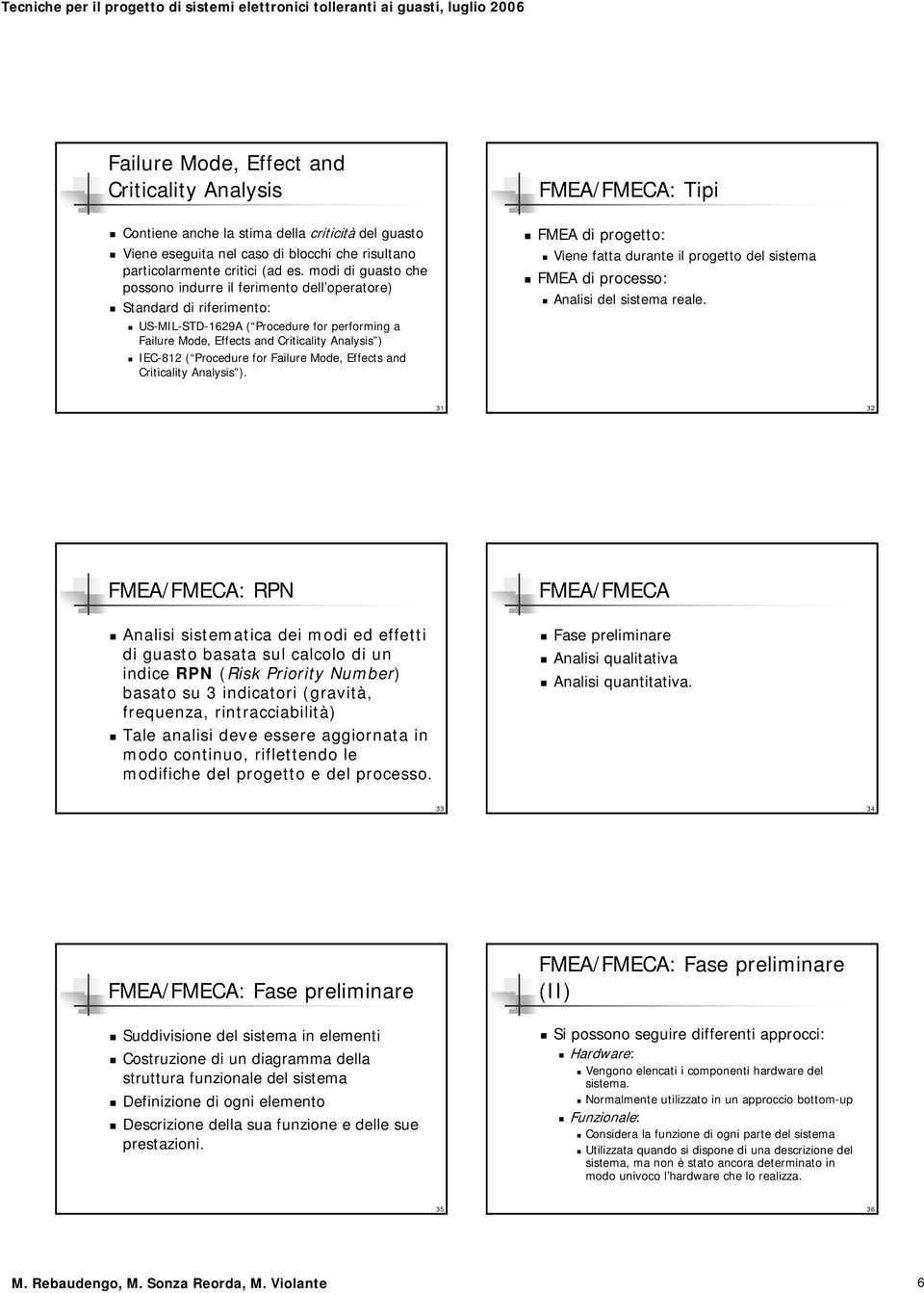 Procedure for Failure Mode, ffects and Criticality Analysis ). FMA/FMCA: Tipi FMA di progetto: Viene fatta durante il progetto del sistema FMA di processo: Analisi del sistema reale.