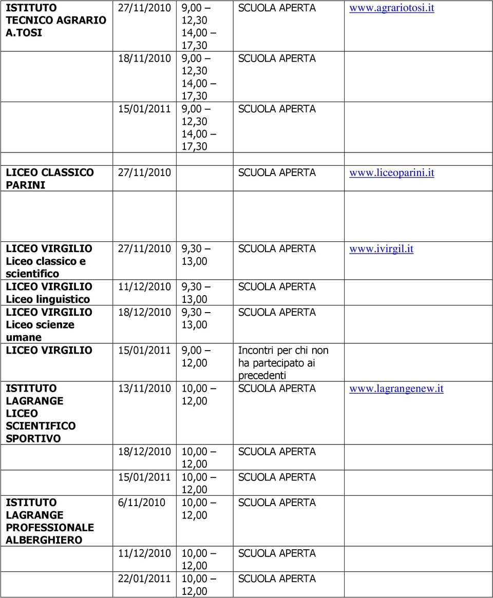 it VIRGILIO Liceo classico e scientifico VIRGILIO Liceo linguistico VIRGILIO Liceo scienze umane 27/11/2010 9,30 13,00 11/12/2010 9,30 13,00