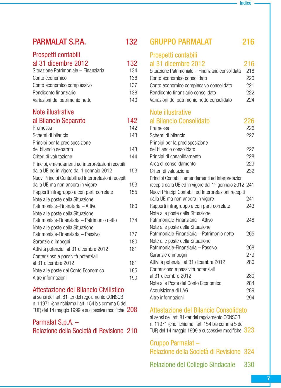 patrimonio netto 140 Note illustrative al Bilancio Separato 142 Premessa 142 Schemi di bilancio 143 Principi per la predisposizione del bilancio separato 143 Criteri di valutazione 144 Principi,